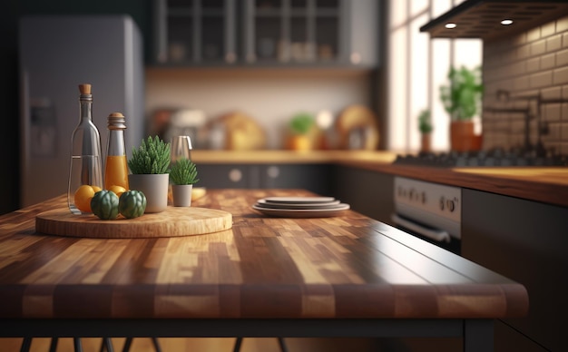 A kitchen with a wooden table. modern kitchen background. room interior. ai generated