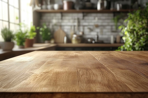 a kitchen with a wooden table and plants on it