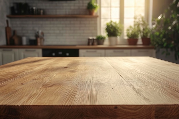 a kitchen with a wooden table and plants on the window sill