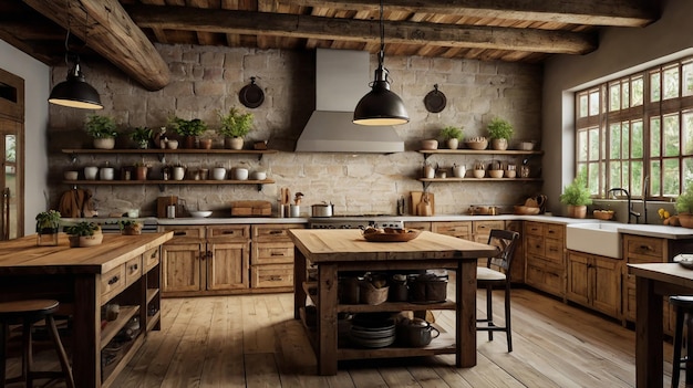 a kitchen with a wooden table and pots on it