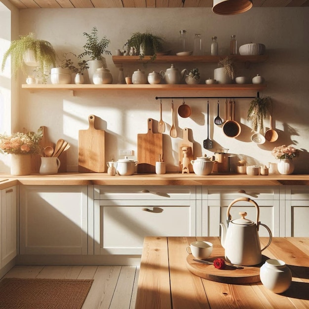 a kitchen with a wooden table and pots and pans on the shelf