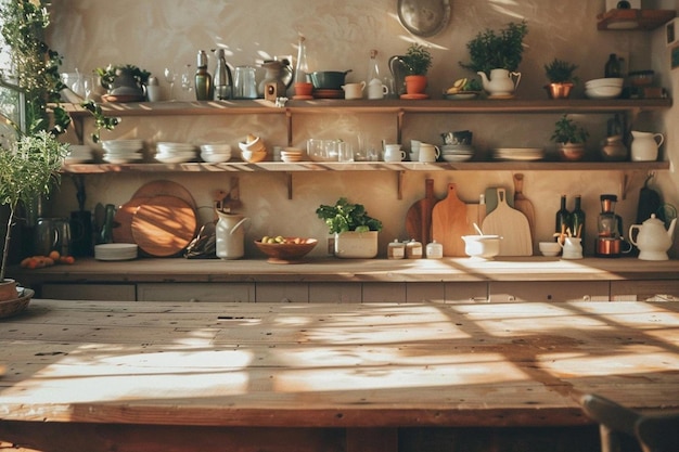 A kitchen with a wooden table and a shelf with green plants on it