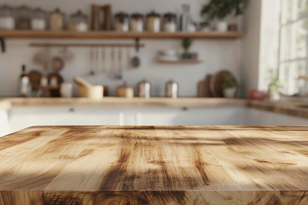 a kitchen with a wooden table and a shelf with a plant on it