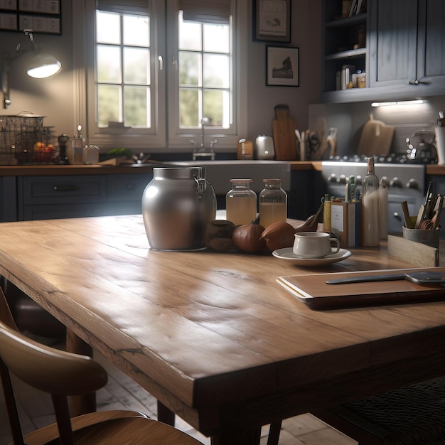 A kitchen with a wooden table and a wooden chair in front of a window.