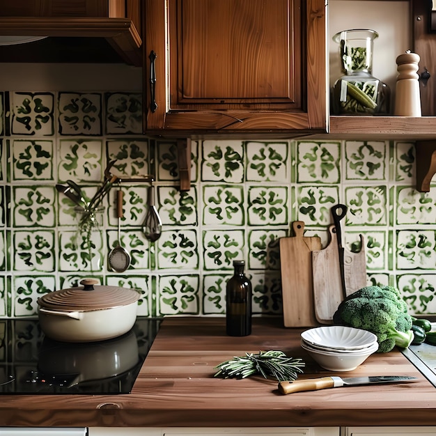 Photo kitchen wooden countertop with kitchen utensils and products vintage kitchen with green ceramic tiles with ornaments cutting board