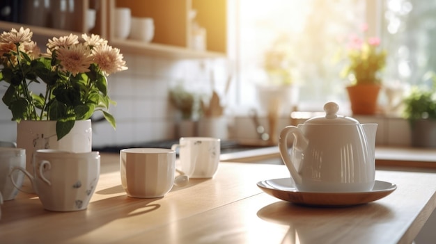 Kitchen wooden table top with breakfast at morning time Generative AI