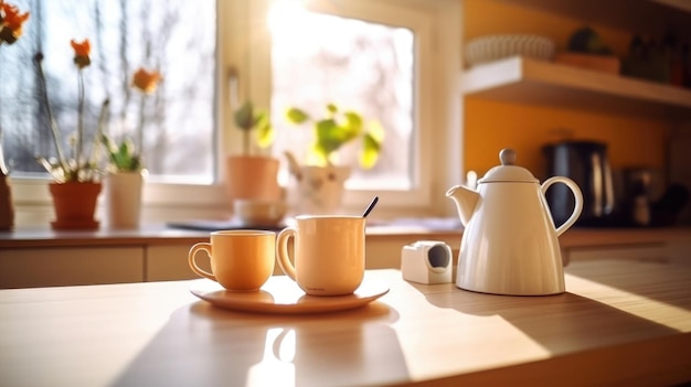 Kitchen wooden table top with breakfast at morning time Generative AI