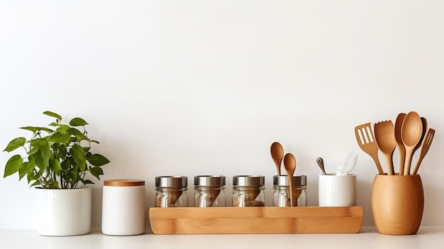 Kitchenware and utensils on a wooden shelf