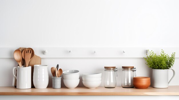 Kitchenware and utensils on a wooden shelf