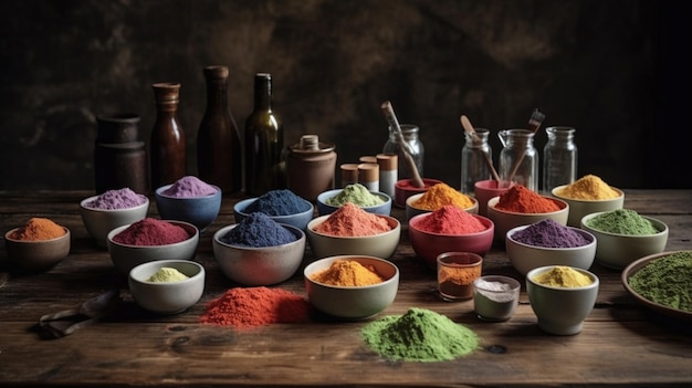 Kitchenware with different colorful superfood powders on wooden table