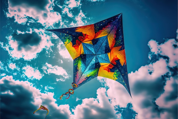 Kite Parrot flying in the blue sky between clouds in concept for International Festival of Kites