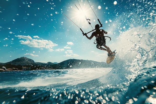 Kite Surfer Soaring Over Waves