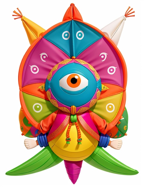 A kite with diverse designs and bright colors flying gracefully