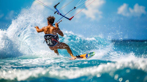 kiteboarder carving through the waves with a kite soaring high the ocean sparkling under the sun