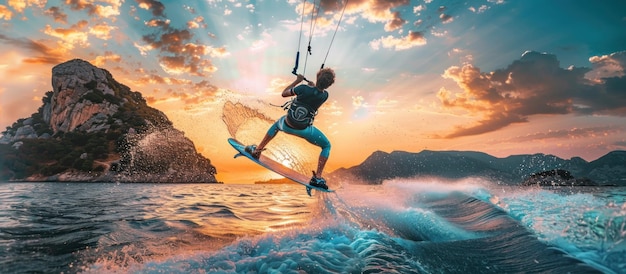 Kiteboarding at Sunset with a Majestic Mountain View