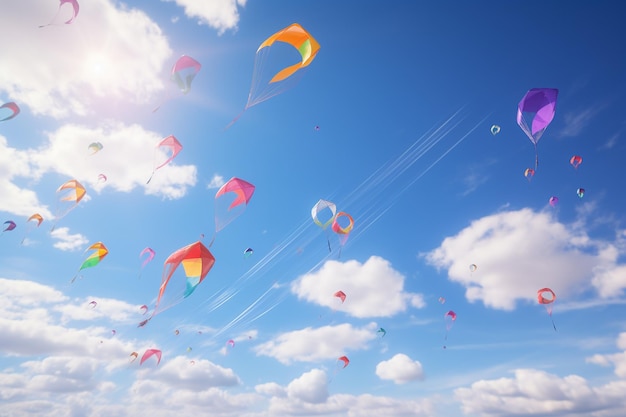 Kites flying in the sky among the clouds