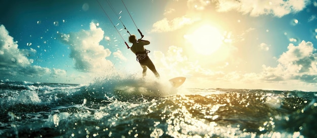 Kitesurfer Rides a Wave in a Sunset Glow