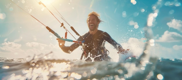 Kitesurfer riding a wave enjoying extreme sport on a sunny day Concept of adventure freedom and water sports