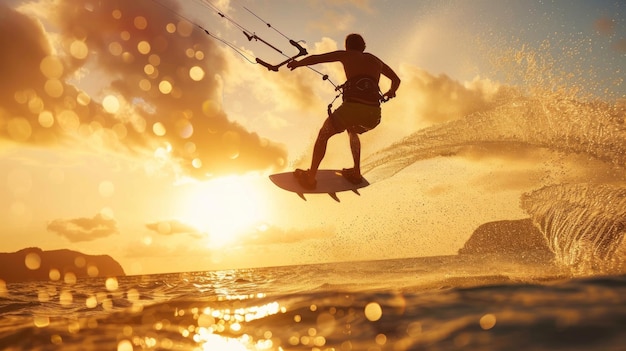 Kitesurfer Soaring at Sunset