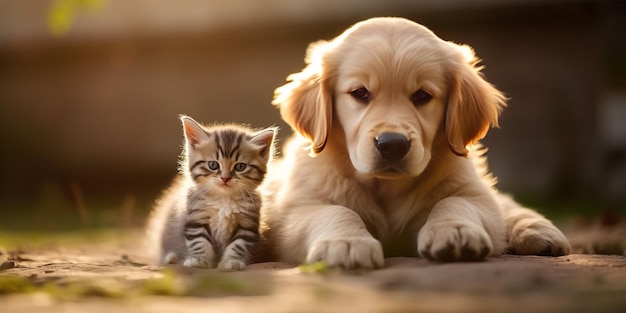 a kitten on a baby golden retriever