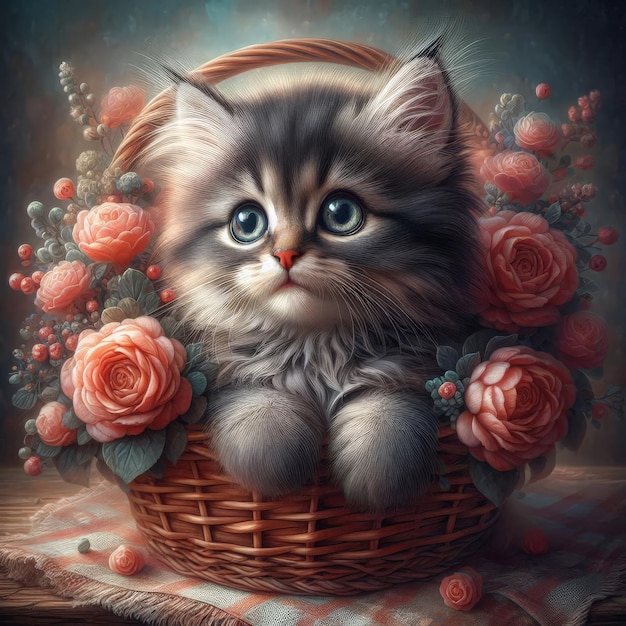 a kitten in a basket with roses and a pink bow