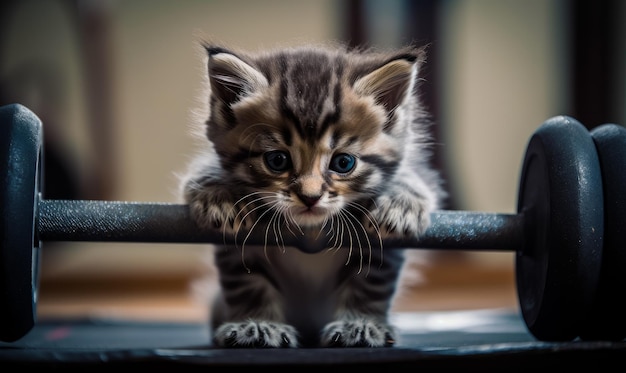 A kitten on a chair with its paws on a bar.