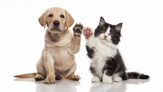 a kitten and a dog are looking up at each other and the cat is looking up