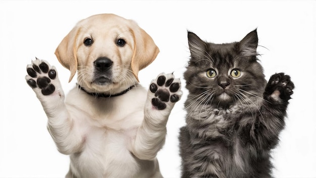 a kitten and a dog are looking up at each other and the cat is looking up