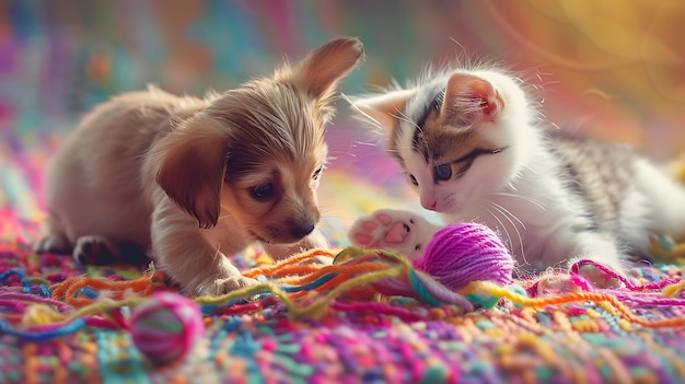 Photo a kitten and a dog are playing with a ball of yarn