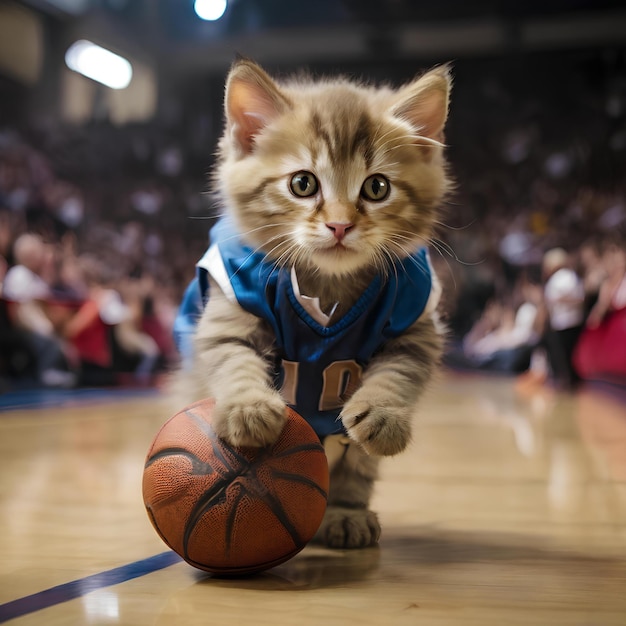 A kitten dressed in a basketball