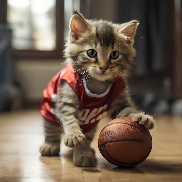 A kitten dressed in a basketball