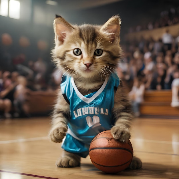 A kitten dressed in a basketball