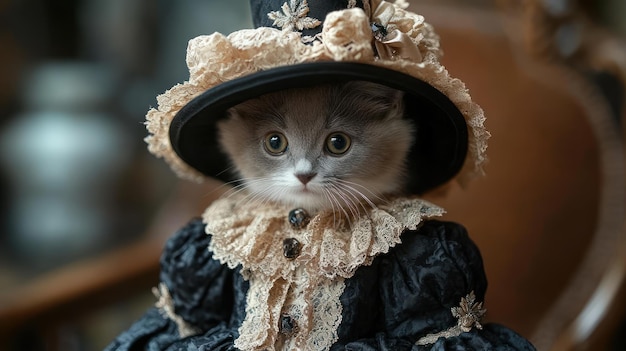 Photo a kitten dressed in an elegant vintage outfit with a large hat