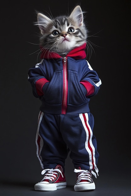 Kitten Dressed in Hoodie and Sneakers