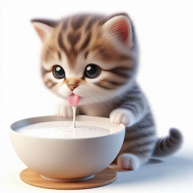 a kitten drinking milk from a bowl that has milk in it