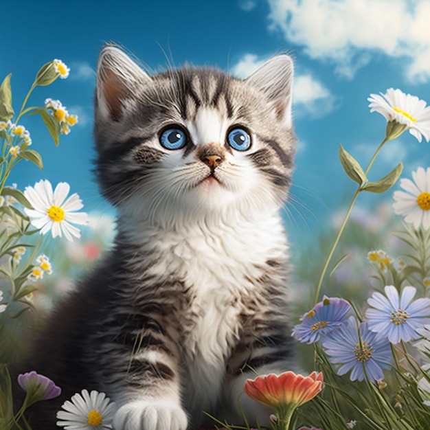 A kitten in a field of flowers with blue eyes