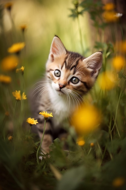 A kitten in a field of flowers