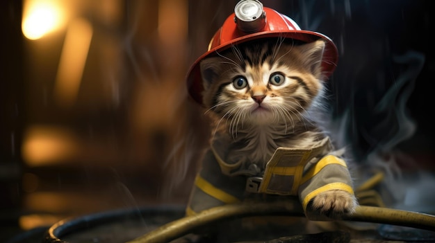 Kitten firefighter with a tiny fire hat and a hose