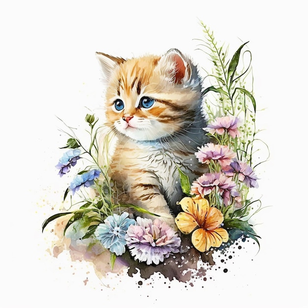 A kitten in a flower garden