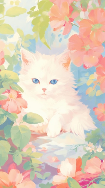 Kitten in a garden painting animal mammal