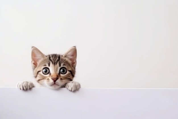 Kitten head with paws up peeking over blank white sign placard Pet kitten curiously peeking behind