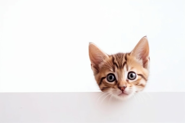 Kitten head with paws up peeking over blank white sign placard Pet kitten curiously peeking behind