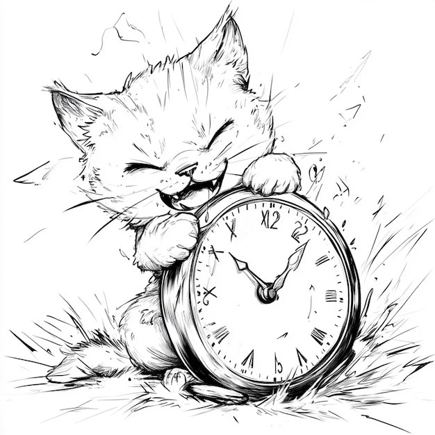 Photo kitten holding a clock