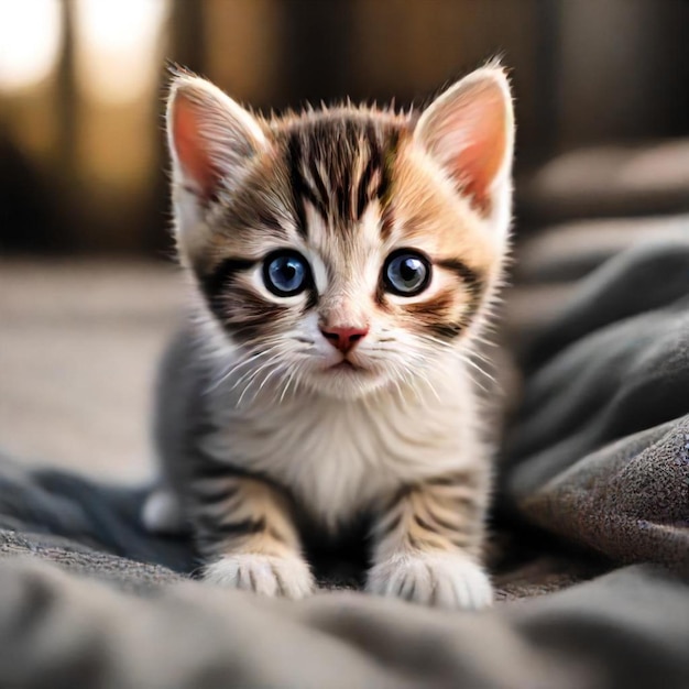 a kitten is on a blanket with a dark background