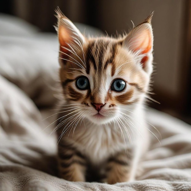 a kitten is on a blanket with a white and brown striped face