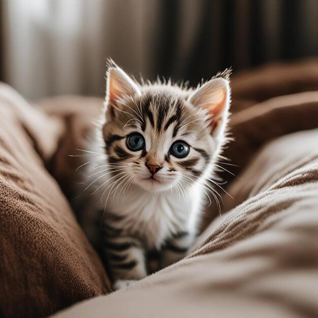 a kitten is on a brown blanket with a brown blanket