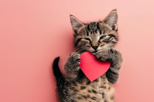 Photo a kitten is holding a red heart in its mouth generative ai image