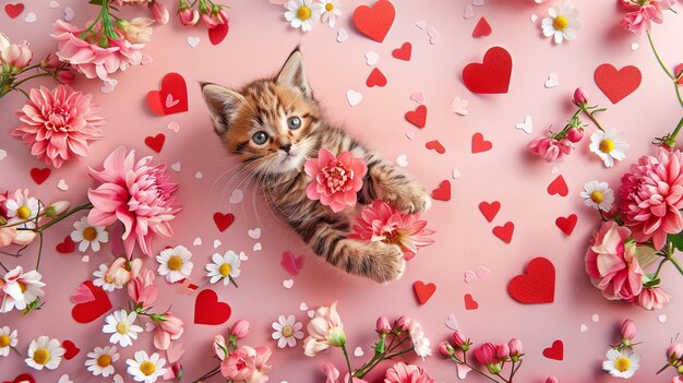 Photo a kitten is jumping over a pink background with many hearts and a pink background with hearts