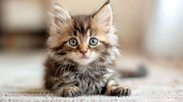 a kitten is laying on a carpet with a blue eye