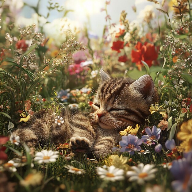 Photo a kitten is laying in a field of flowers